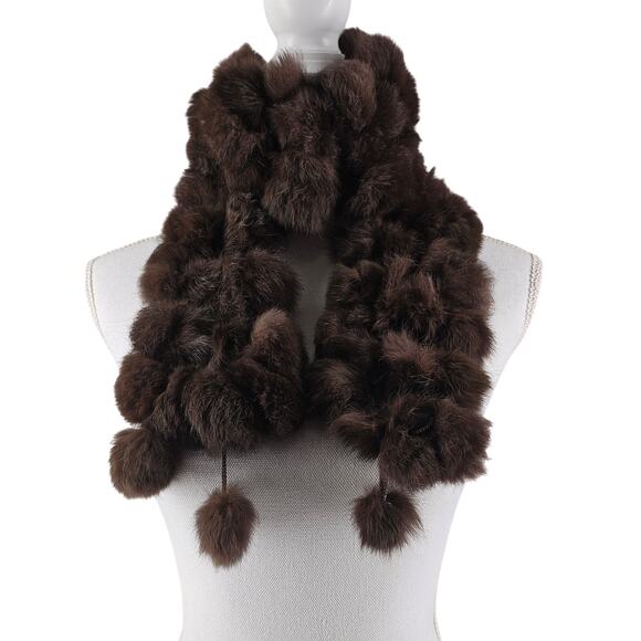 WOMEN'S BROWN FAUX RABBIT FUR POM POM SCARF 48" X 5" - VINTAGE STYLE - Picture 1 of 8